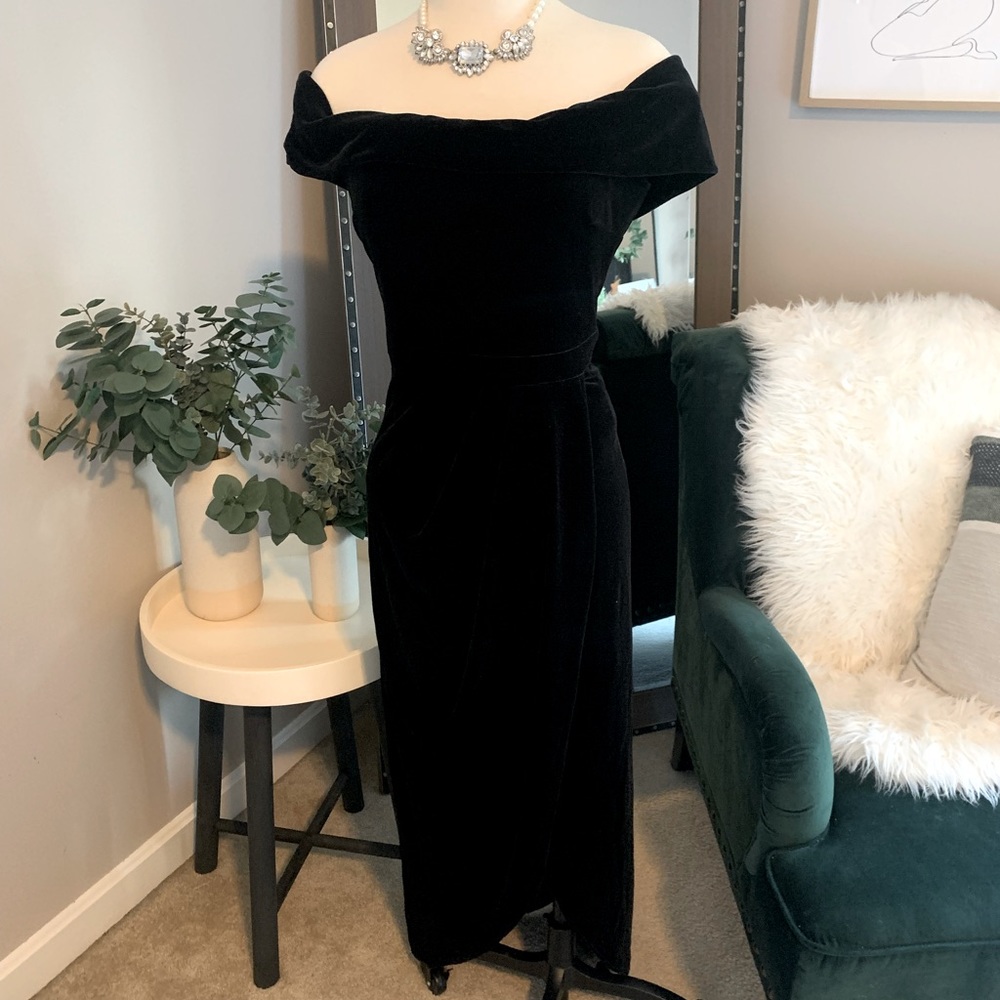 Off shoulder black velvet BHLDN midi evening gown with tags size 14